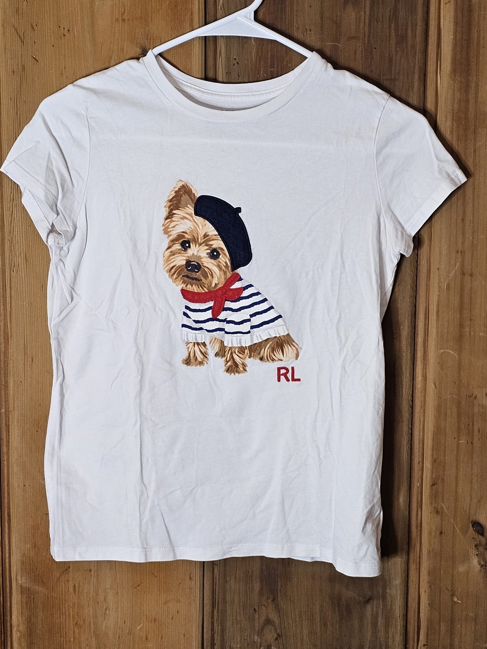 Polo by Ralph Lauren White Tee with Dog Graphic, Navy & Red Accents - Size 12-14